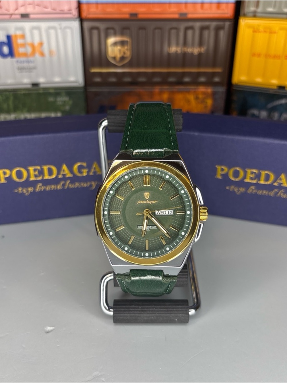 Poedagar 42mm Green Dial Men's Watch with Gold Accents